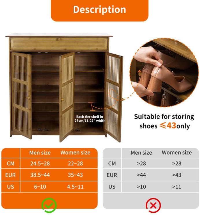 Bamboo Shoe Cabinet Slatted Doors 5 Tier Storage