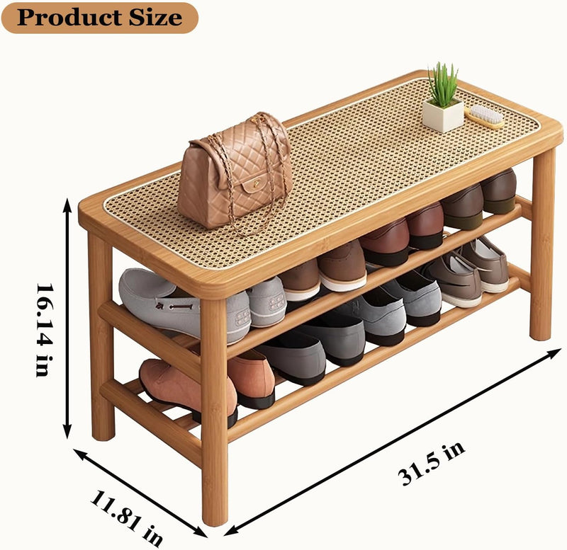 Bamboo Shoe Rack Bench with Rattan Seat 3-Tier