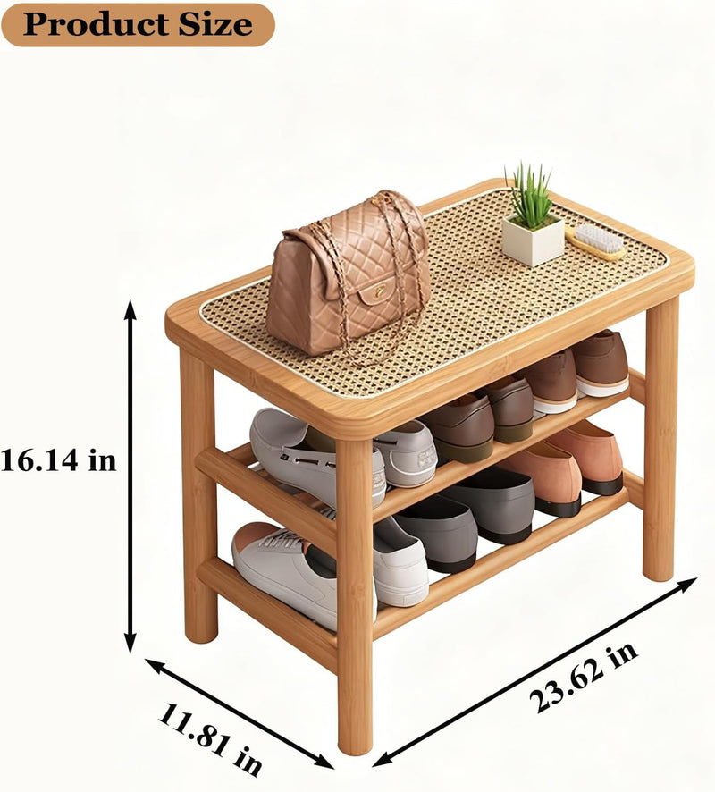 Bamboo Shoe Rack Bench with Rattan Seat 3-Tier