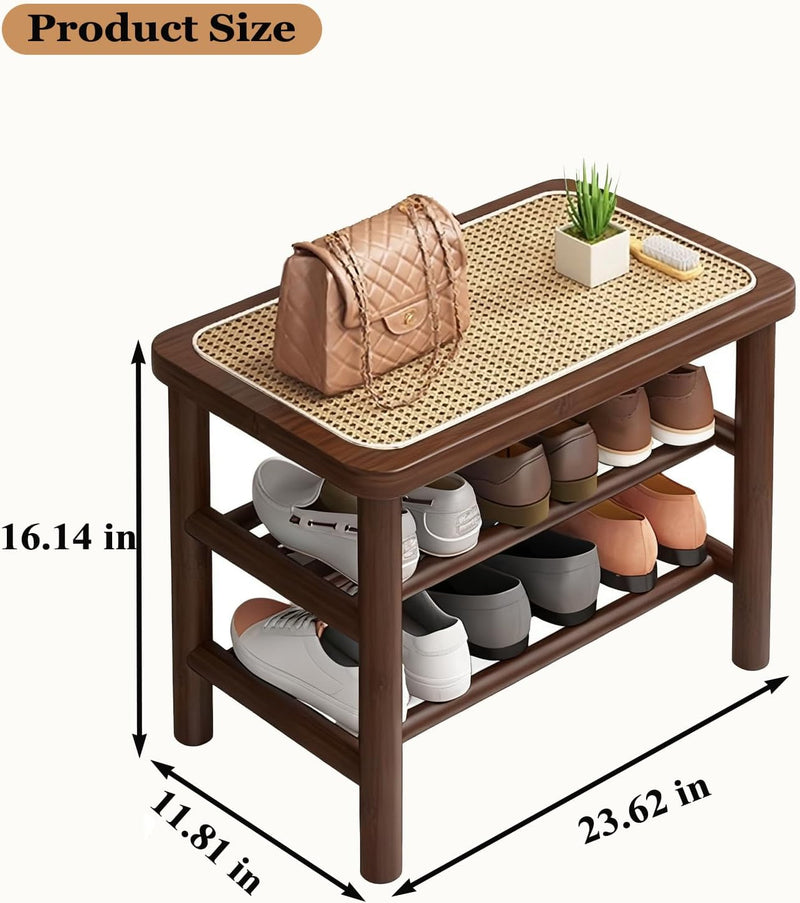 Bamboo Shoe Rack Bench with Rattan Seat 3-Tier