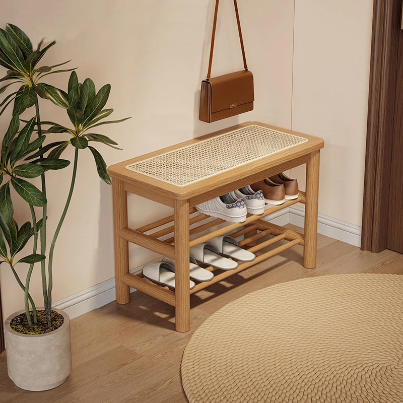 Bamboo Shoe Rack Bench with Rattan Seat 3-Tier