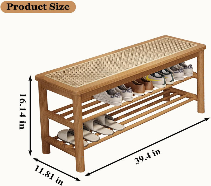 Bamboo Shoe Rack Bench with Rattan Seat 3-Tier