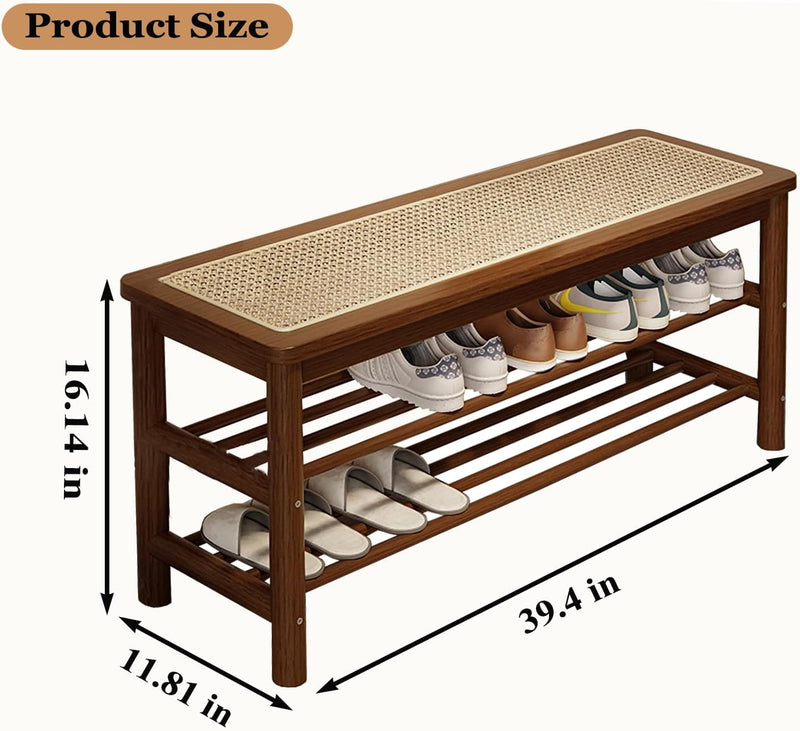 Bamboo Shoe Rack Bench with Rattan Seat 3-Tier