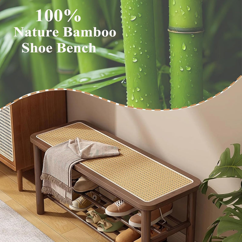 Bamboo Shoe Rack Bench with Rattan Seat 3-Tier