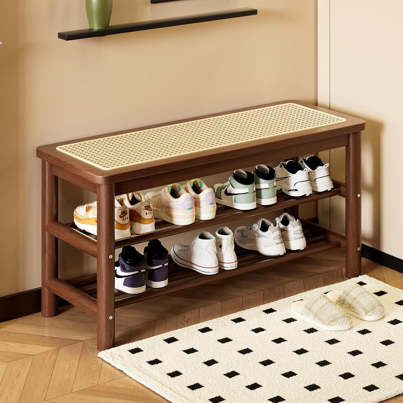 Bamboo Shoe Rack Bench with Rattan Seat 3-Tier