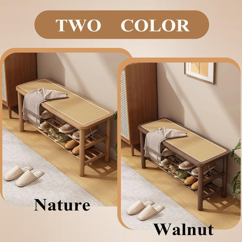 Bamboo Shoe Rack Bench with Rattan Seat 3-Tier