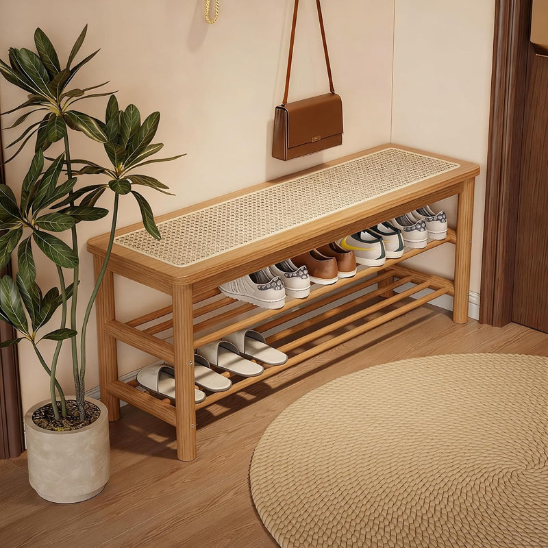 Bamboo Shoe Rack Bench with Rattan Seat 3-Tier