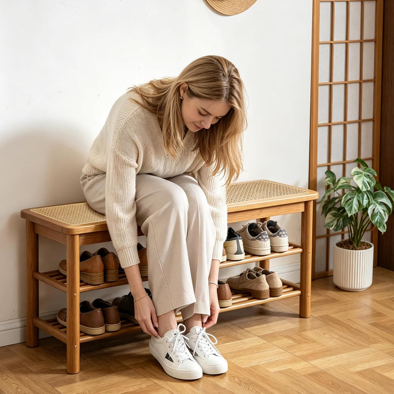 Bamboo Shoe Rack Bench with Rattan Seat 3-Tier