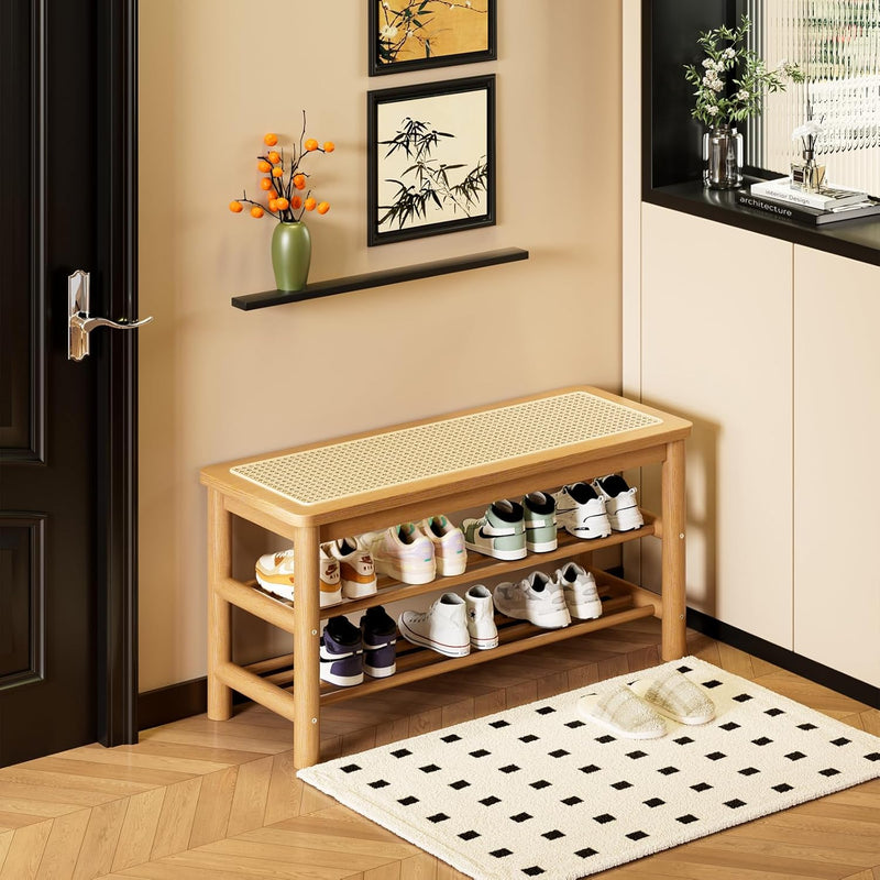 Bamboo Shoe Rack Bench with Rattan Seat 3-Tier