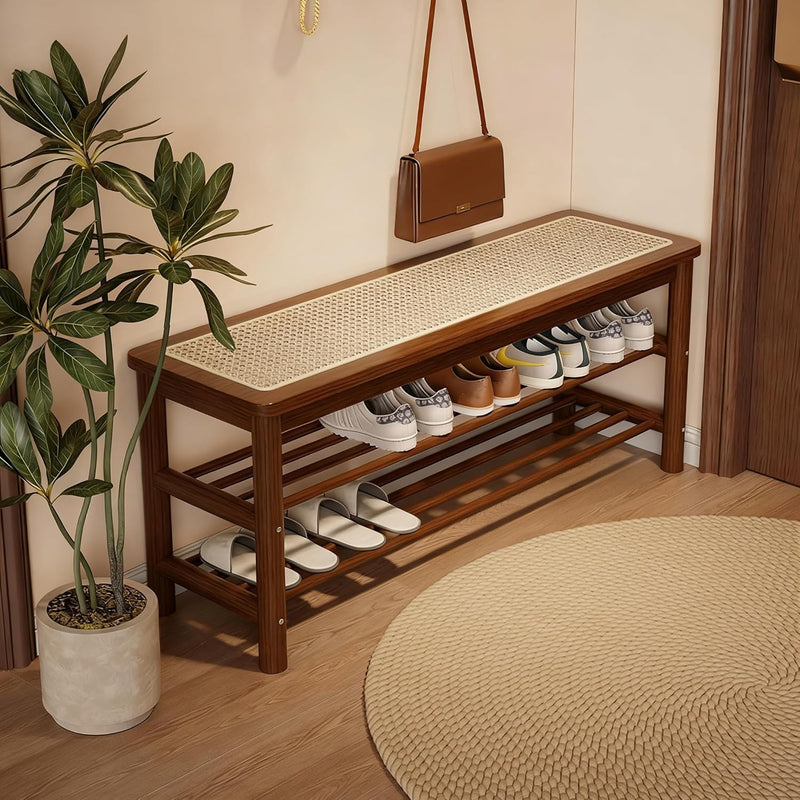 Bamboo Shoe Rack Bench with Rattan Seat 3-Tier