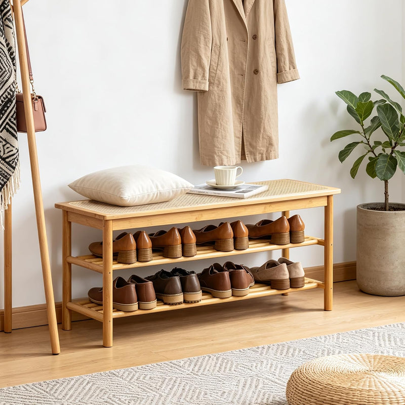 Bamboo Shoe Rack Bench with Rattan Seat 3-Tier