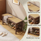 Bamboo Shoe Rack Bench with Rattan Seat 3-Tier