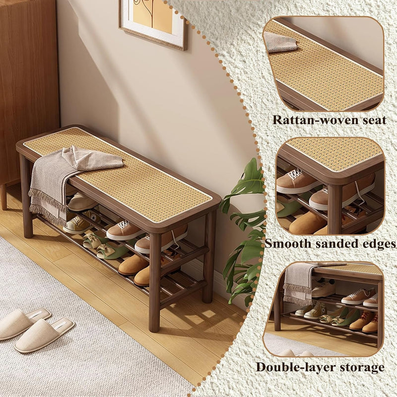 Bamboo Shoe Rack Bench with Rattan Seat 3-Tier