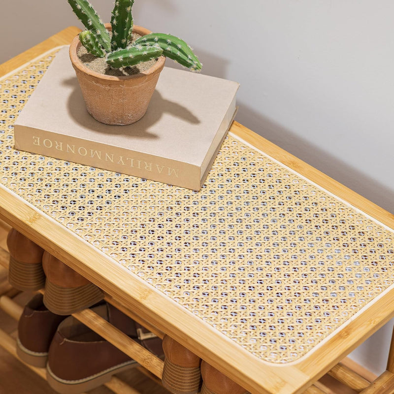 Bamboo Shoe Rack Bench with Rattan Seat 3-Tier