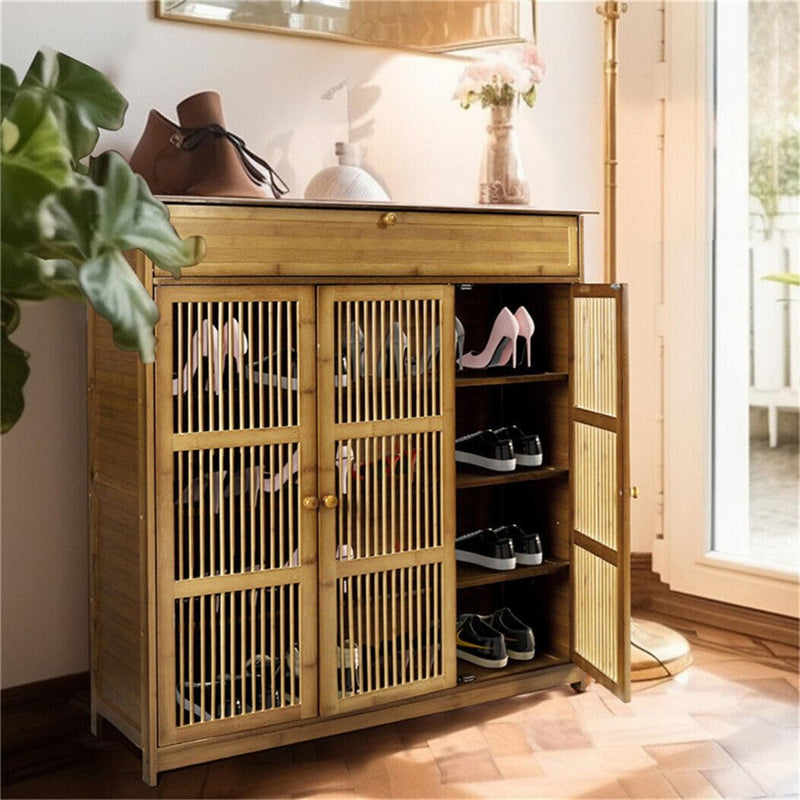Bamboo Shoe Cabinet Slatted Doors 5 Tier Storage