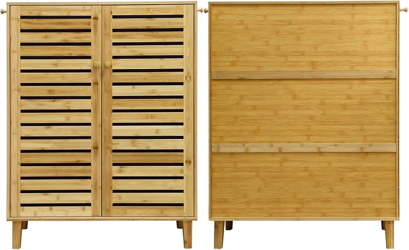 Bamboo Shoe Cabinet Slatted Doors 5 Tier Storage