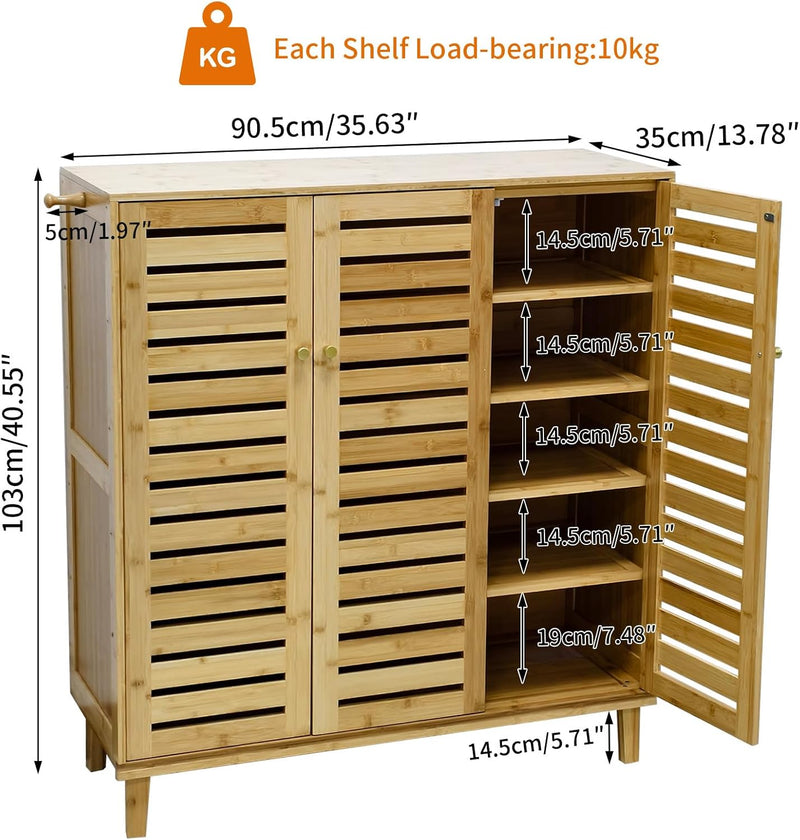 Bamboo Shoe Cabinet Slatted Doors 5 Tier Storage