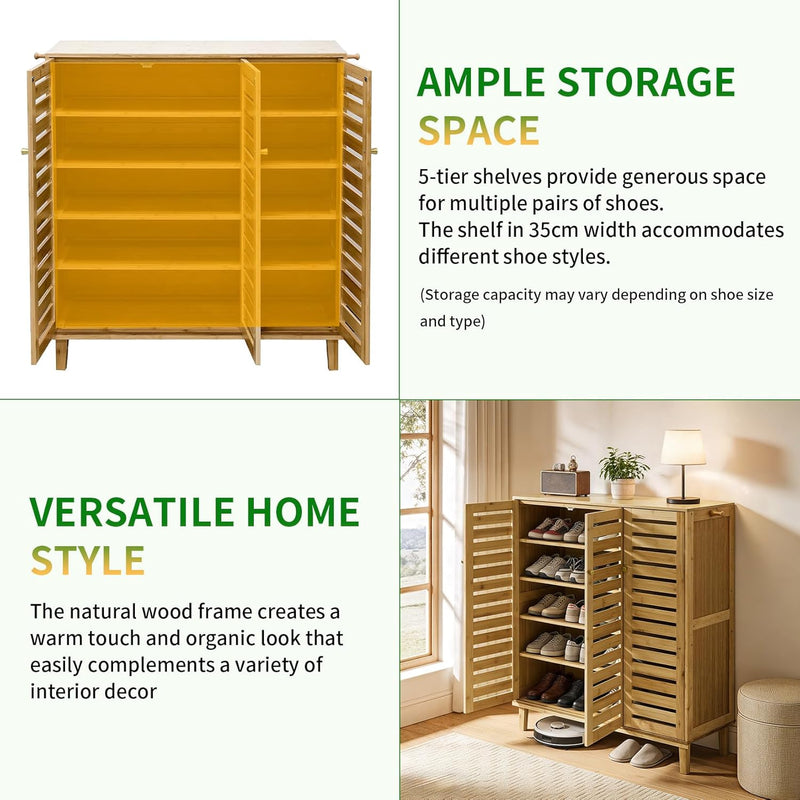 Bamboo Shoe Cabinet Slatted Doors 5 Tier Storage