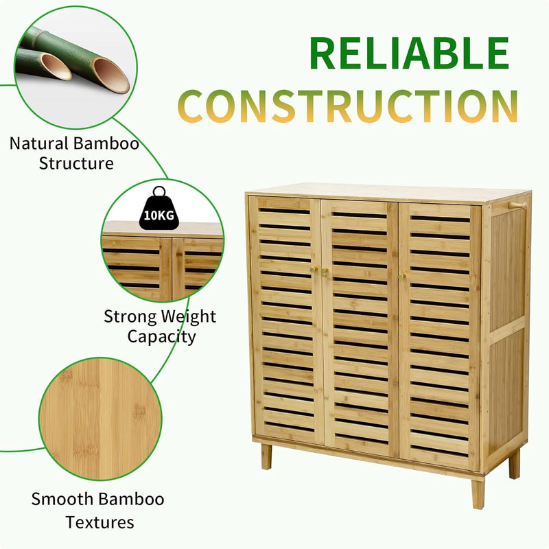 Bamboo Shoe Cabinet Slatted Doors 5 Tier Storage