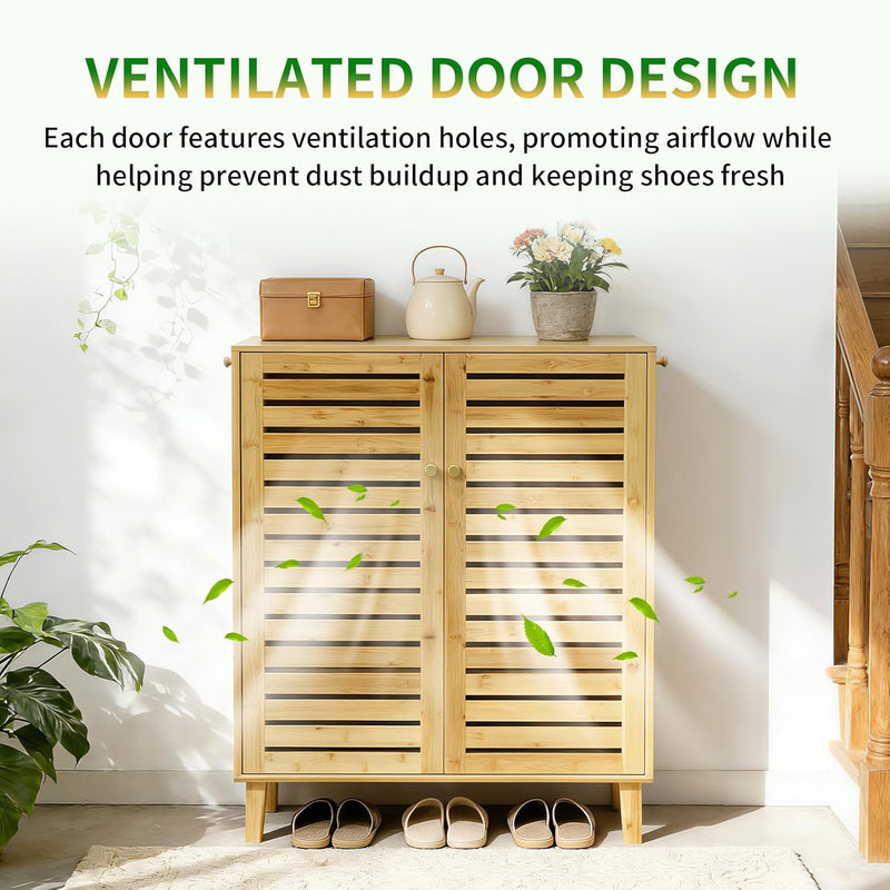 Bamboo Shoe Cabinet Slatted Doors 5 Tier Storage