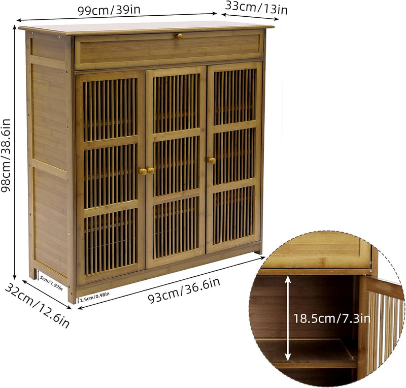 Bamboo Shoe Cabinet Slatted Doors 5 Tier Storage
