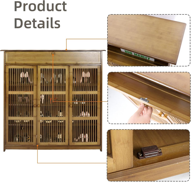 Bamboo Shoe Cabinet Slatted Doors 5 Tier Storage