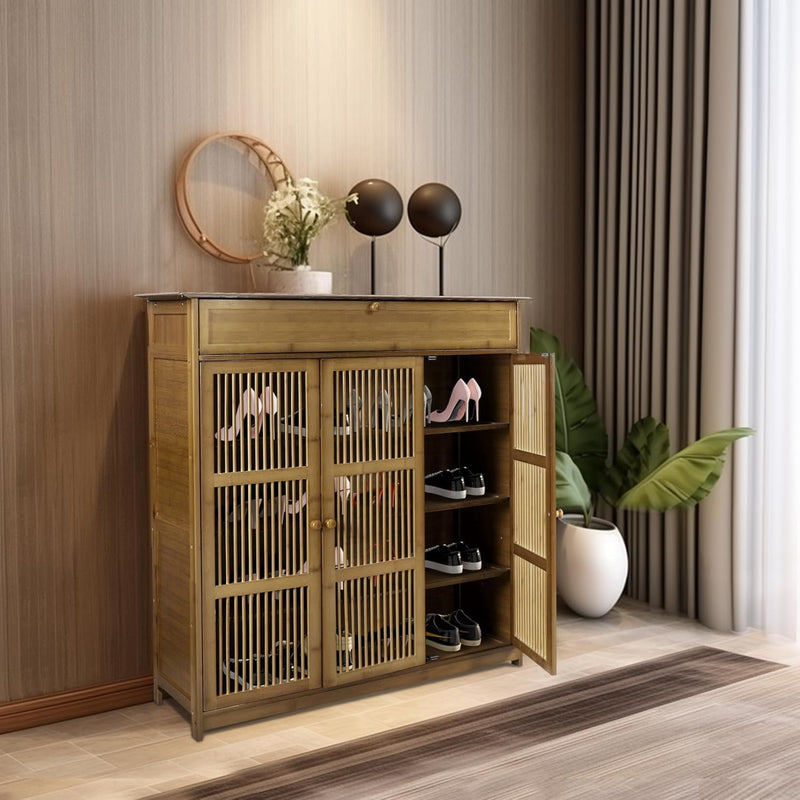 Bamboo Shoe Cabinet Slatted Doors 5 Tier Storage