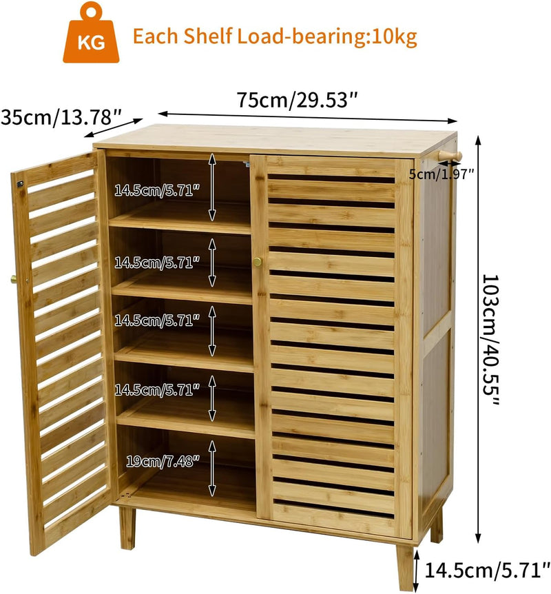 Bamboo Shoe Cabinet Slatted Doors 5 Tier Storage
