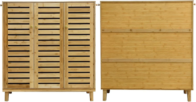 Bamboo Shoe Cabinet Slatted Doors 5 Tier Storage