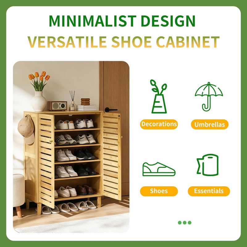 Bamboo Shoe Cabinet Slatted Doors 5 Tier Storage