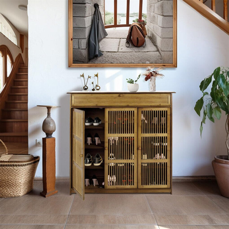 Bamboo Shoe Cabinet Slatted Doors 5 Tier Storage
