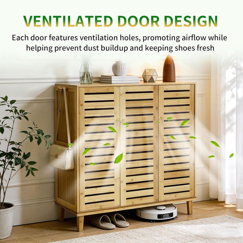 Bamboo Shoe Cabinet Slatted Doors 5 Tier Storage