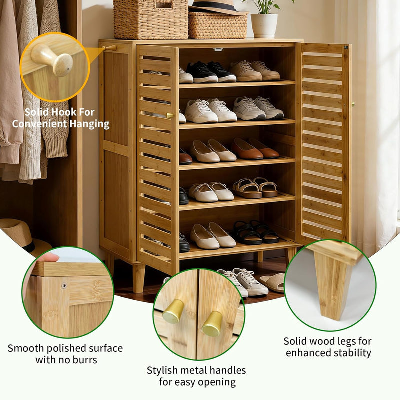 Bamboo Shoe Cabinet Slatted Doors 5 Tier Storage