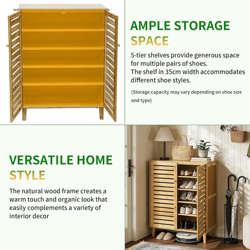 Bamboo Shoe Cabinet Slatted Doors 5 Tier Storage