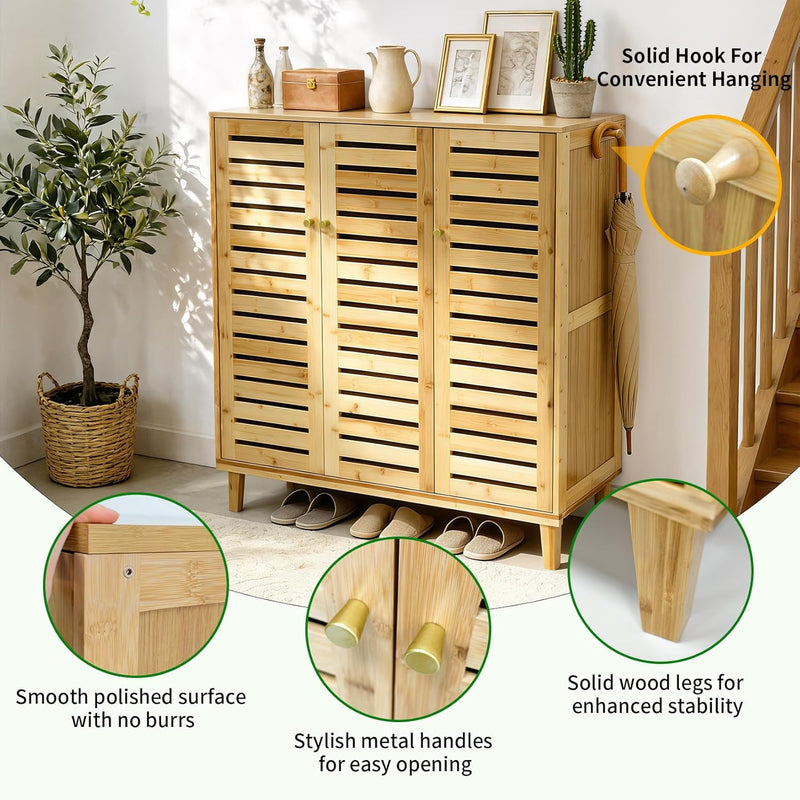 Bamboo Shoe Cabinet Slatted Doors 5 Tier Storage