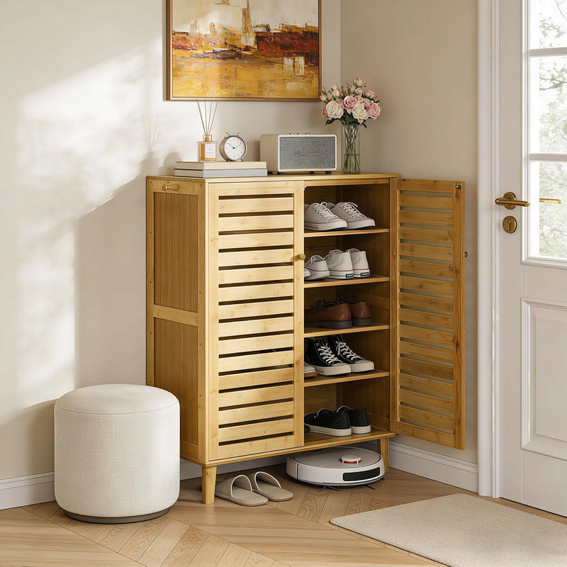 Bamboo Shoe Cabinet Slatted Doors 5 Tier Storage