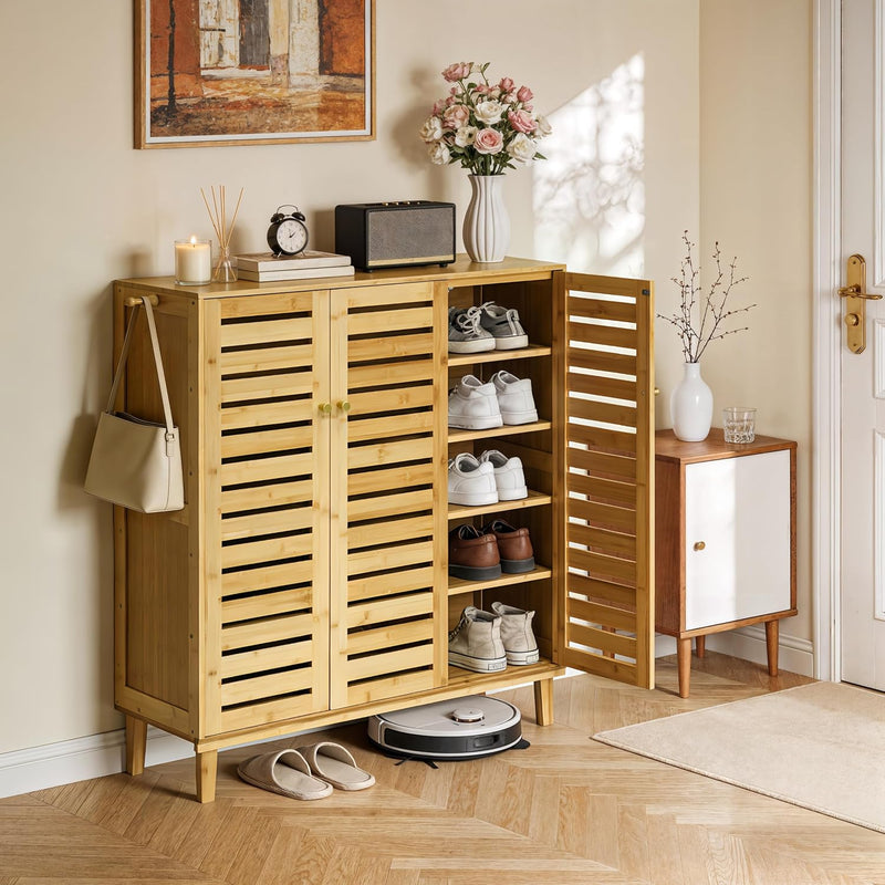Bamboo Shoe Cabinet Slatted Doors 5 Tier Storage