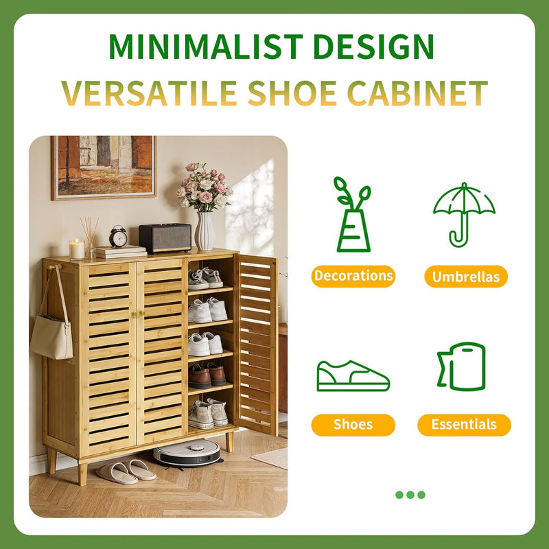 Wooden Shoe Storage Cabinet with Slatted Doors 5 Tier