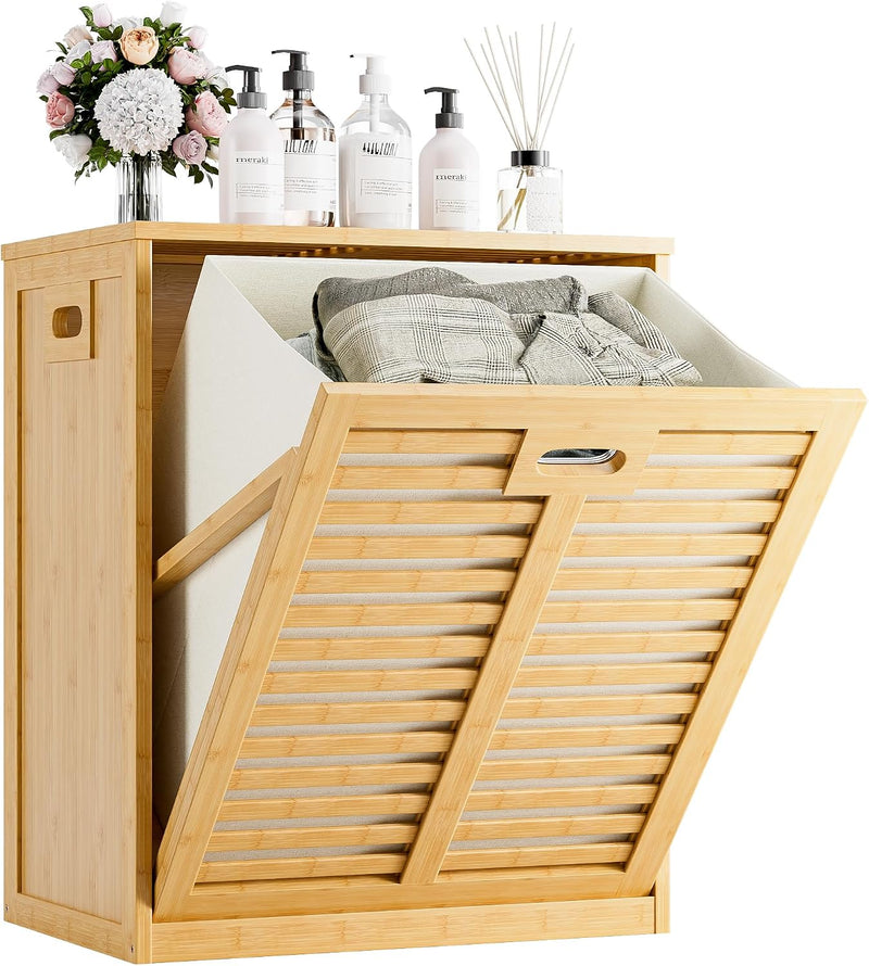 Bamboo Tilt Out Laundry Hamper Bathroom Storage Cabinet