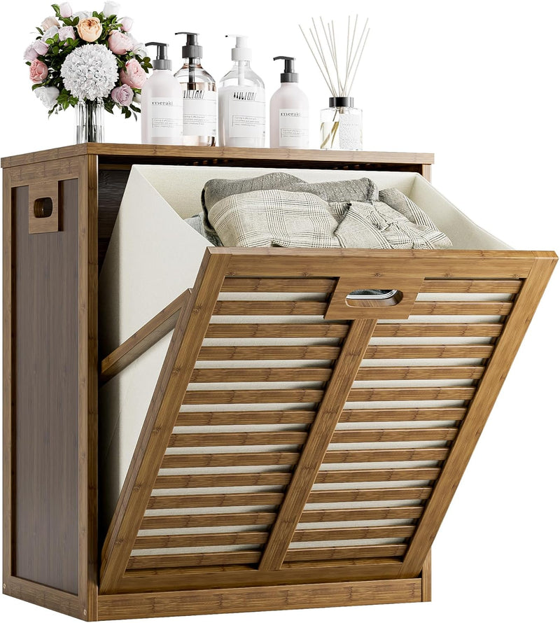 Bamboo Tilt Out Laundry Hamper Bathroom Storage Cabinet