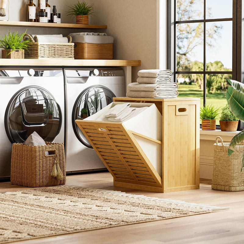 Bamboo Tilt Out Laundry Hamper Bathroom Storage Cabinet