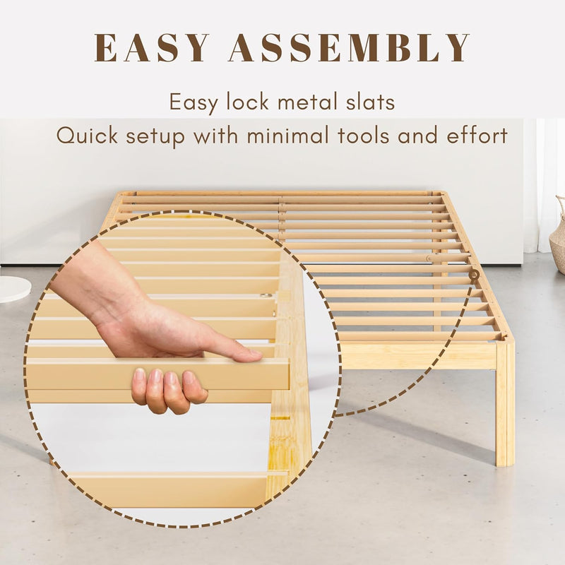 Bamboo Wood Bed Frame with Metal Slats Support