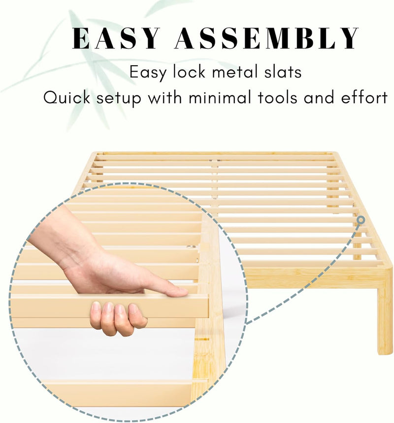 Bamboo Wood Bed Frame with Metal Slats Support