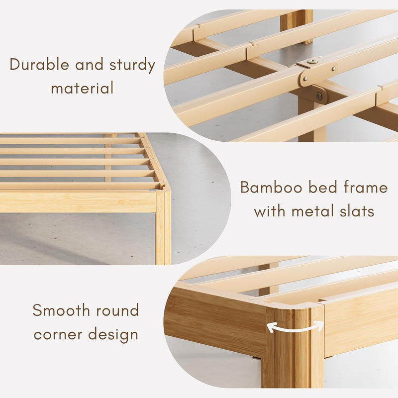 Bamboo Wood Bed Frame with Metal Slats Support