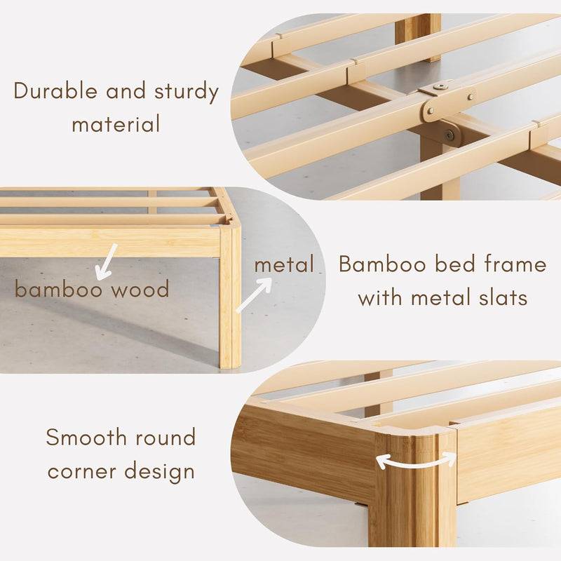 Bamboo Wood Bed Frame with Metal Slats Support