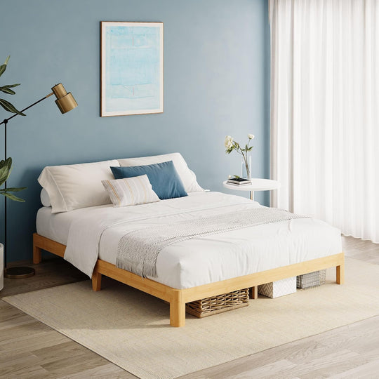 Bamboo Wood Bed Frame with Metal Slats Support
