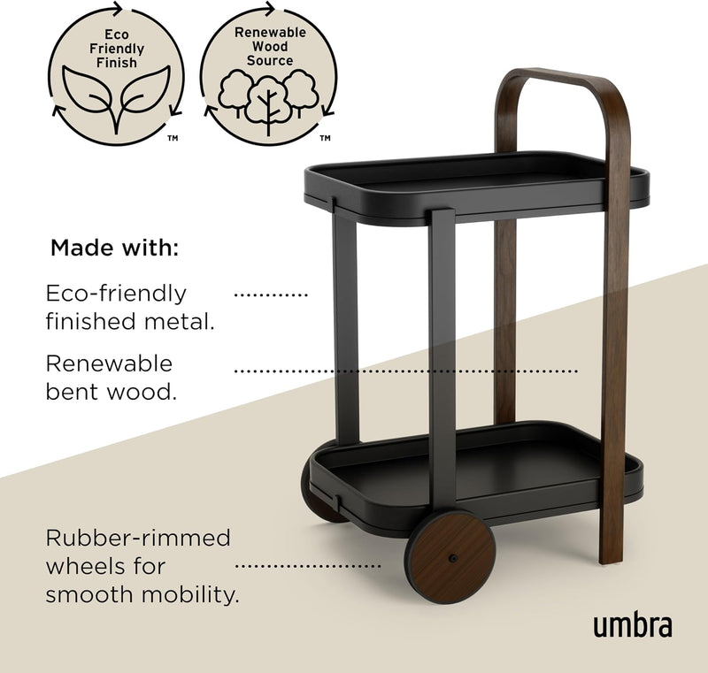 Bar Cart Rolling 2-Tier Storage Walnut