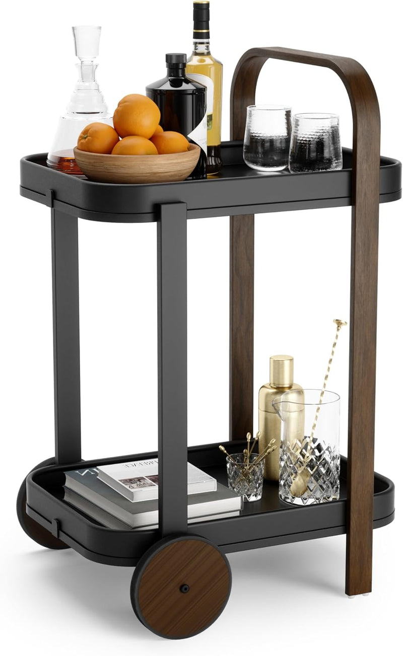 Bar Cart Rolling 2-Tier Storage Walnut