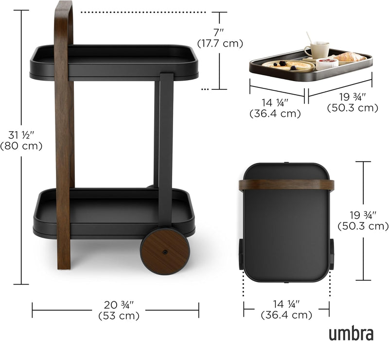 Bar Cart Rolling 2-Tier Storage Walnut