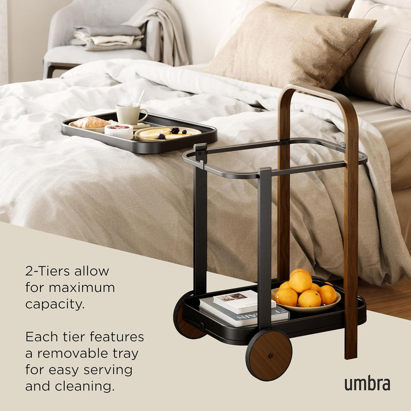 Bar Cart Rolling 2-Tier Storage Walnut